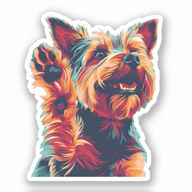 Ecstatic Yorkshire Terrier Waving at You Sticker (Front)