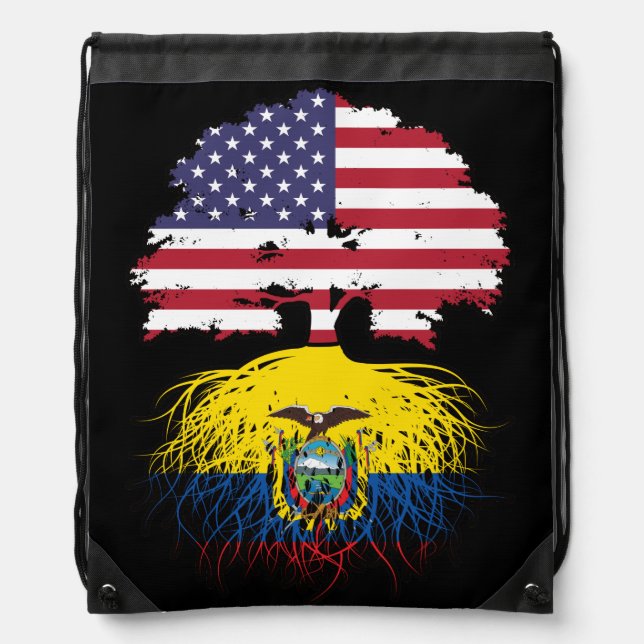 Ecuador Ecuadorian American USA Tree Roots Flag Drawstring Bag (Front)