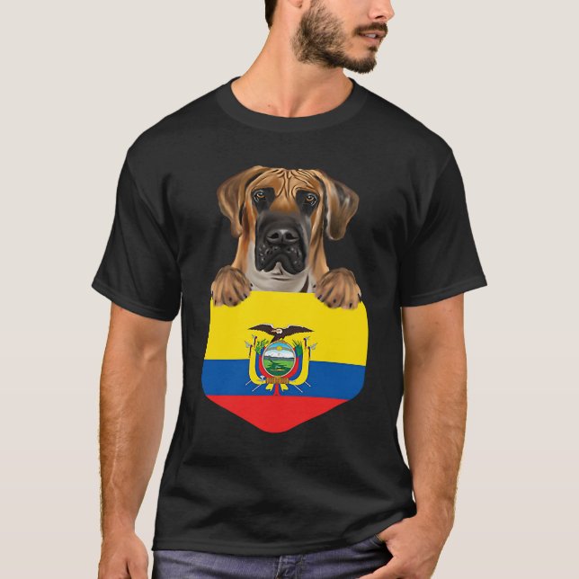 Ecuador Flag Brown Great Dane Dog In Pocket T-Shirt (Front)