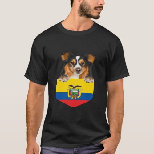 Ecuador Flag Shetland Sheepdog Dog In Pocket  T_Shirt