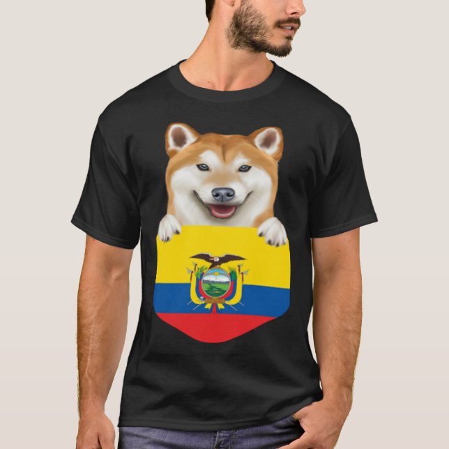 Ecuador Flag Shiba Inu Dog In Pocket T-Shirt (Front)