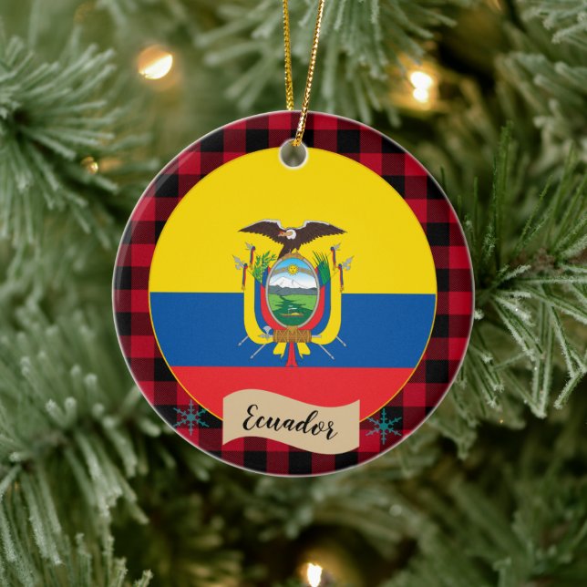 Ecuador, Red buffalo plaid & Ecuador Flag Ceramic Ornament (Tree)