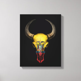 Ecuadorian Flag Bull Skull on Black Canvas Print