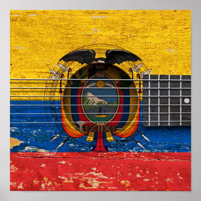 Ecuadorian Flag on Old Acoustic Guitar Poster (Front)
