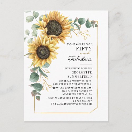 Ecualyptus 50th Fabulous Sunflower Floral Birthday Invitation Postcard