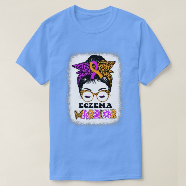 Eczema Awareness Messy Bun Lavender and Orange Rib T-Shirt (Design Front)