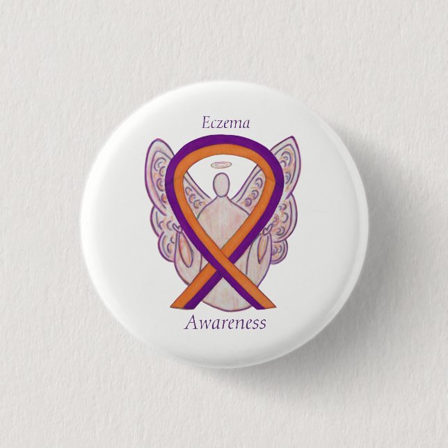 Eczema Awareness Ribbon Angel Custom Button Pin (Front)