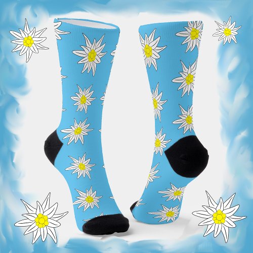 Edelweiss Alpine Flower Light Blue Crew Socks