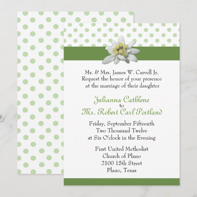 Edelweiss and Green Polka Dot Wedding Invitation (Front/Back)