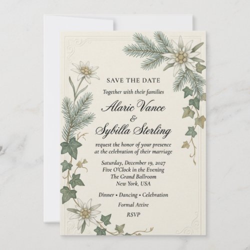 Edelweiss Flowers, Pine Needles, Ivy Leaves, Embos Invitation