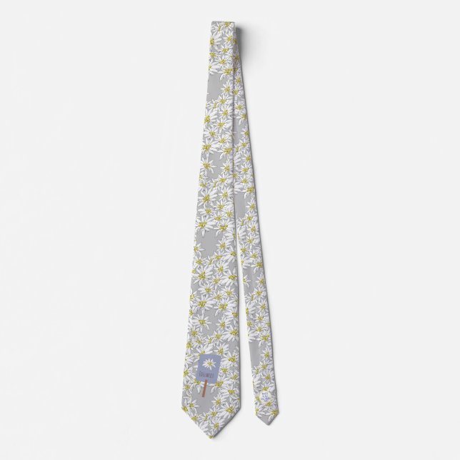 Edelweiss Hand-Drawn Alps Wildflower Pattern Boho Neck Tie (Front)