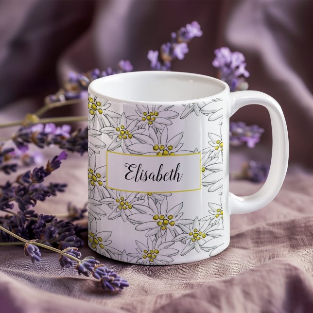 Edelweiss Hand-Illustrated Personalized Watercolor Coffee Mug (This Edelweiss mug features personalization in script among my own hand-drawn wildflowers.)