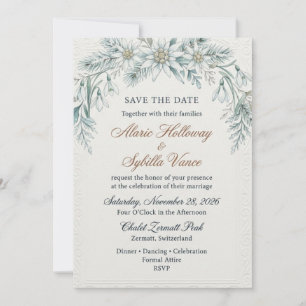 Edelweiss, Snowdrops, Pine Needles, Embossed Borde Invitation