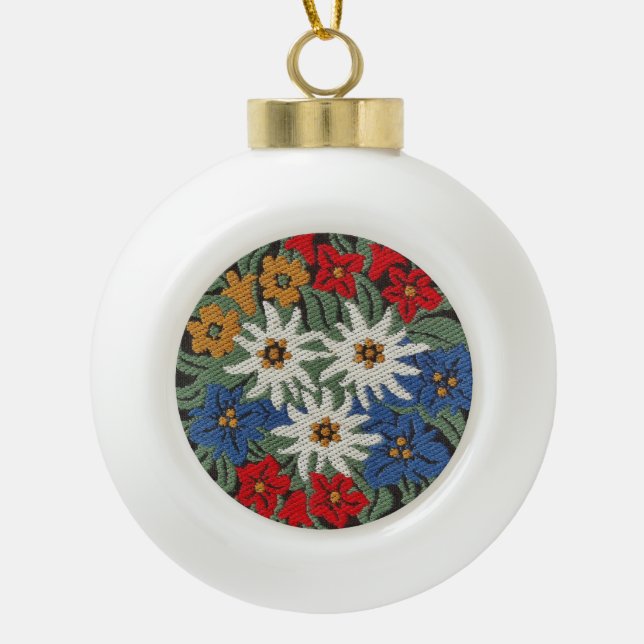 Edelweiss Swiss Alpine Flower Ceramic Ball Christmas Ornament (Front)