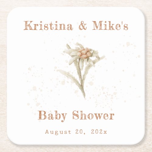 Edelweiss Wildflower Baby Shower Square Paper Coaster