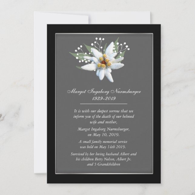 Edelwiess European Style Death Announcement Card (Front)