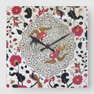 EDEN / ELEGANT RED BLACK WHITE FLOWERS AND BIRDS SQUARE WALL CLOCK