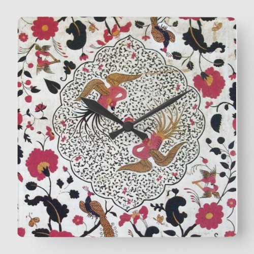 EDEN  ELEGANT RED BLACK WHITE FLOWERS AND BIRDS SQUARE WALL CLOCK