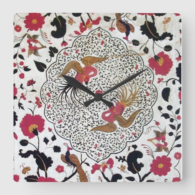 EDEN / ELEGANT RED BLACK WHITE FLOWERS AND BIRDS SQUARE WALL CLOCK (Front)