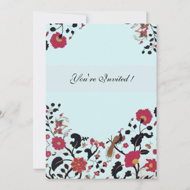 EDEN,Wedding Love Birds, Red Black Flowers,Blue Invitation (Front)