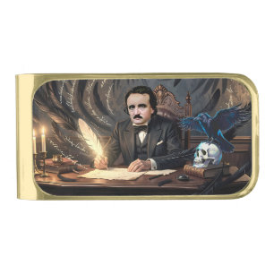 Edgar A. Poe Composing The Raven In Gothic Dreams Gold Finish Money Clip