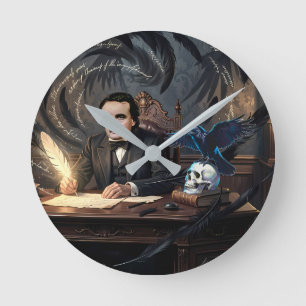Edgar A. Poe Composing The Raven In Gothic Dreams Round Clock
