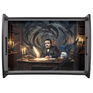 Edgar A. Poe Composing The Raven In Gothic Dreams Serving Tray
