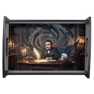Edgar A. Poe Composing The Raven In Gothic Dreams Serving Tray