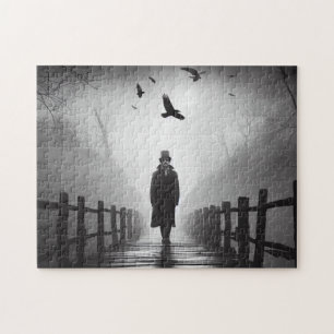 Edgar Allan Poe walking Bridge with Raven Birds Jigsaw Puzzle