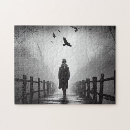 Edgar Allan Poe walking Bridge with Raven Birds Jigsaw Puzzle