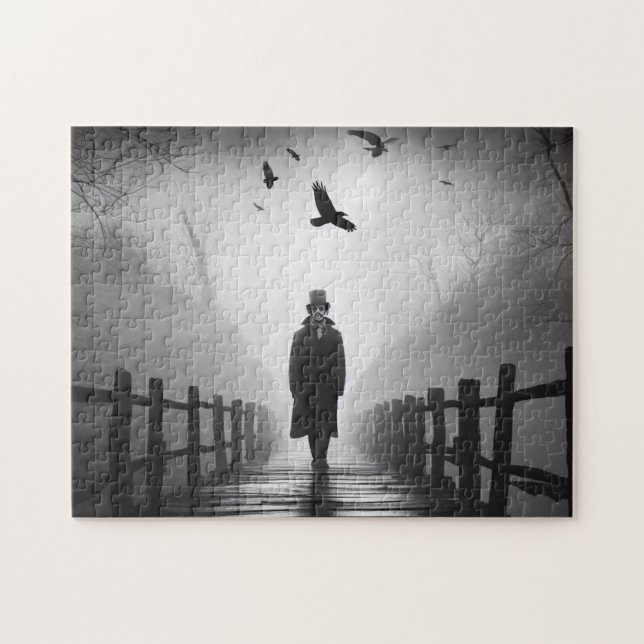 Edgar Allan Poe walking Bridge with Raven Birds Jigsaw Puzzle (Horizontal)