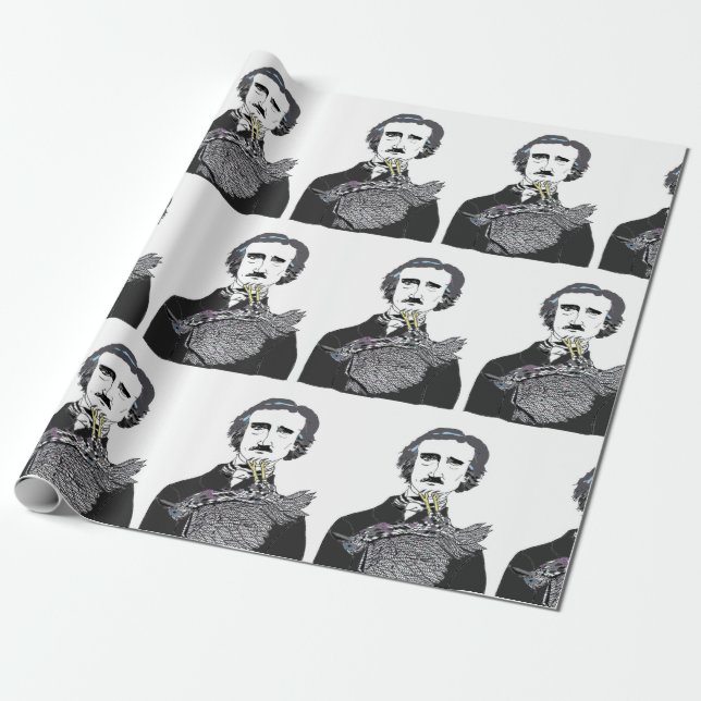 Edgar Allan Poe with a Raven on his Chin Wrapping Paper (Unrolled)