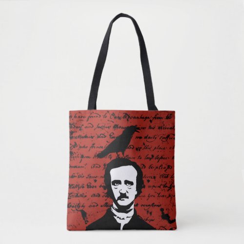 Edgar Allan Poe with Black Raven on Red Tote Bag