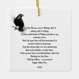 Edgar Allen Poe Quote Watercolor Raven Bird Ceramic Ornament