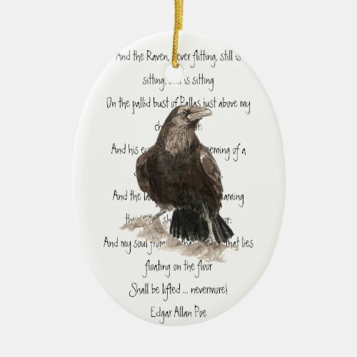 Edgar Allen Poe Quote  Watercolor Raven Bird Ceramic Ornament