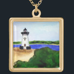 Edgartown Lighthouse Martha's Vineyard Necklace<br><div class="desc">The Edgartown Lighthouse is located on Martha's Vineyard. It was originally constructed on a man-made island in the harbor, but over time sand filled in so it now stands on the shore. Rendered in watercolor. Personalize this lighthouse art necklace with your own text and images using the "Customize It" button....</div>