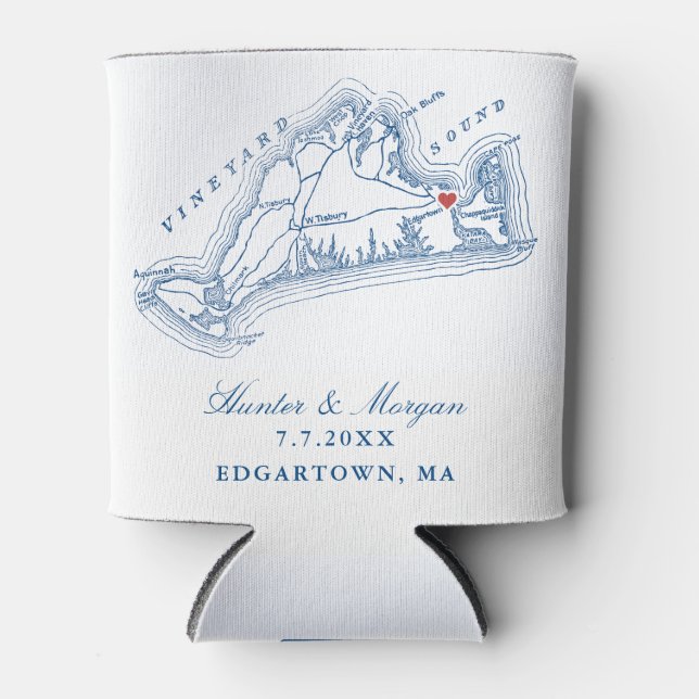 Edgartown MA Map Elegant Navy Blue Wedding Favor Can Cooler (Front)