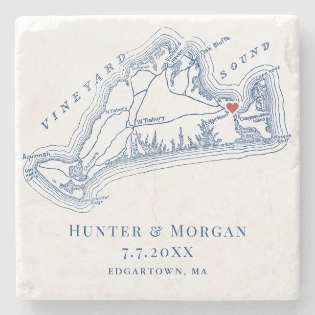 Edgartown MA Martha's Vineyard Blue Wedding Favor Stone Coaster (Front)