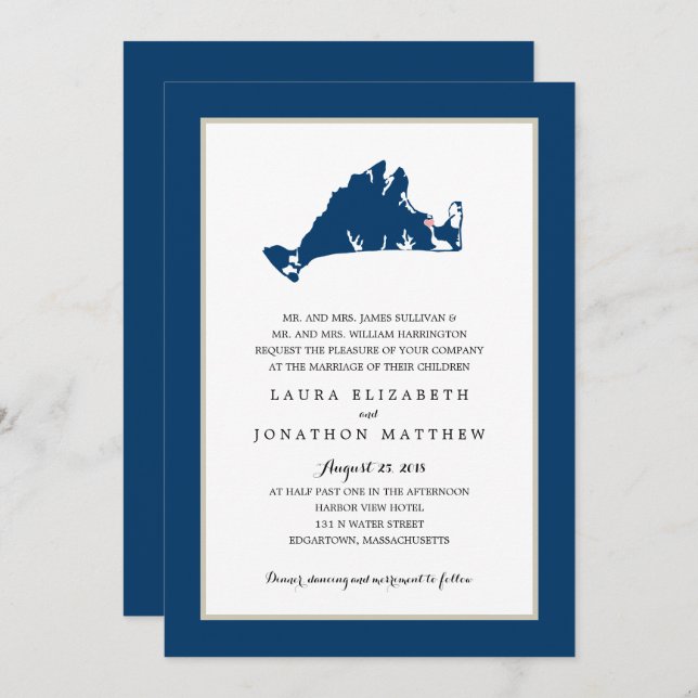 EDGARTOWN Marthas Vineyard Blue Map | Wedding Invitation (Front/Back)