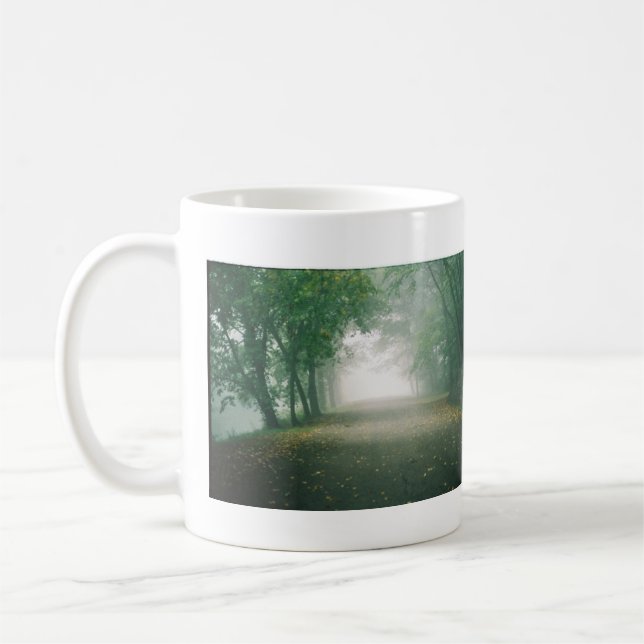 edgewood park trail into fog double-sided coffee mug (Left)