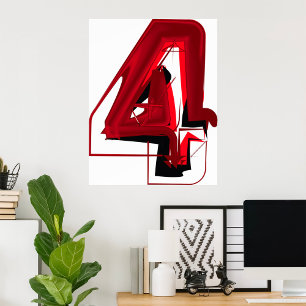 Edgy Abstract Red and Black Number 4 Poster