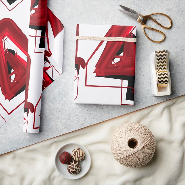 Edgy Abstract Red and Black Number 4  Wrapping Paper (Creator Uploaded)