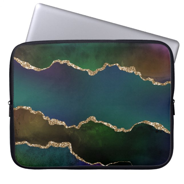 Edgy Agate | Dark Moody Jewel Tone Mystic Teal Laptop Sleeve (Front)