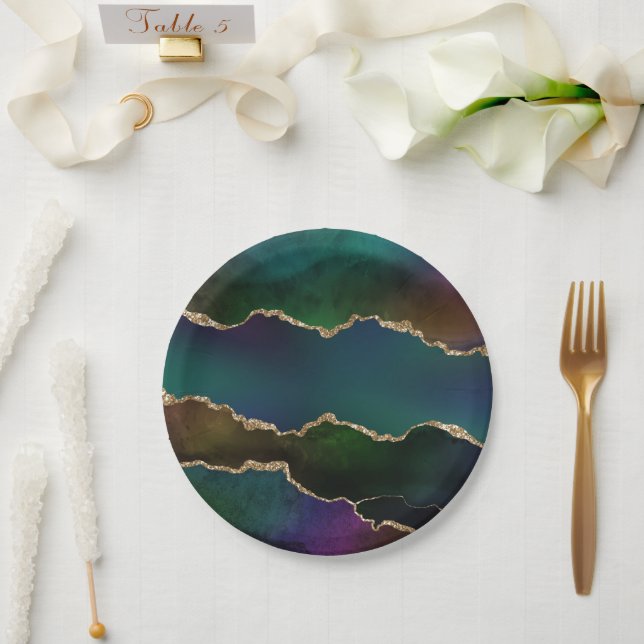 Edgy Agate | Dark Moody Jewel Tone Mystic Teal Paper Plates (Wedding)