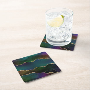 Edgy Agate   Dark Moody Jewel Tone Mystic Teal Square Paper Coaster
