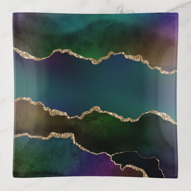 Edgy Agate | Dark Moody Jewel Tone Mystic Teal Trinket Tray (Front)