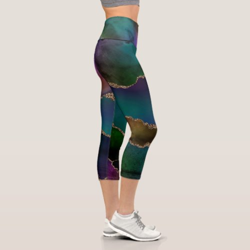 Edgy Agate  Dark Moody Jewel Tone Teal Capri Leggings