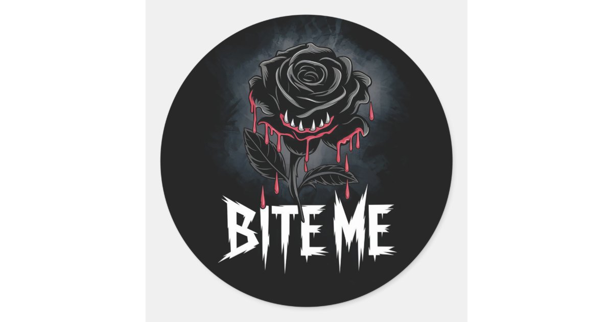 Edgy 'Bite Me' Gothic Rose Design Classic Round Sticker | Zazzle