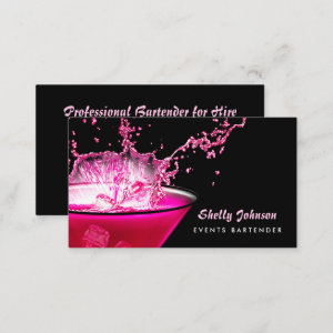 Edgy Black and Pink Splash Events Bartender Business Card