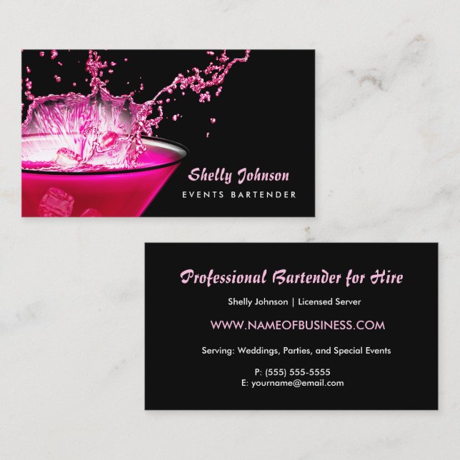 Edgy Black and Pink Splash Events Bartender Business Card (Front/Back)